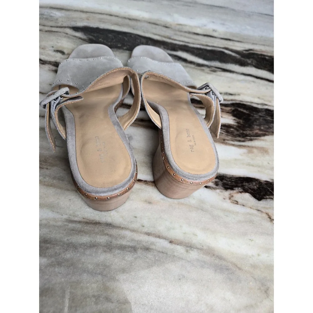 Rag & Bone Gray Suede Studded Open Toe Slip On Block Heels Sandals 37 Minimalist